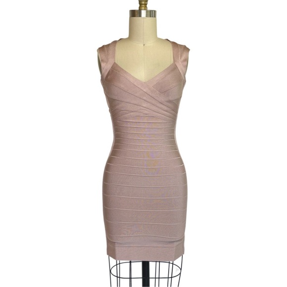 Herve Leger Sarai Dress Size XS Bare Nude Roseblush Bodycon Bandage $1050